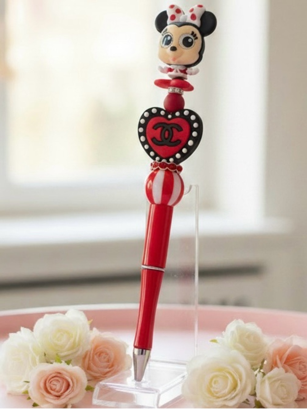 Handmade Beadable Pen Original Doorables Minnie Mouse Christmas Santa